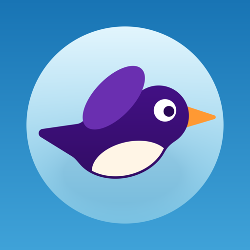 Clappy Bird app icon — a deep-purple bird with an orange beak on a pale disc against a blue sky