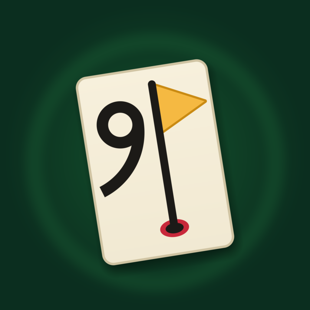 Ninehole app icon — a cream playing card tilted on dark green felt, carrying a bold black 9 and a yellow golf flag standing in its hole