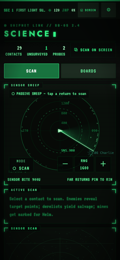 The Science console as it appears on a phone