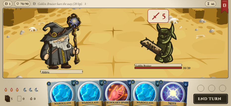 Spellheir in combat: a grey-bearded wizard with a staff faces a goblin bruiser across a painted desert, five illuminated cards laid along the bottom edge, the wizard's age reading 46 in the top corner.