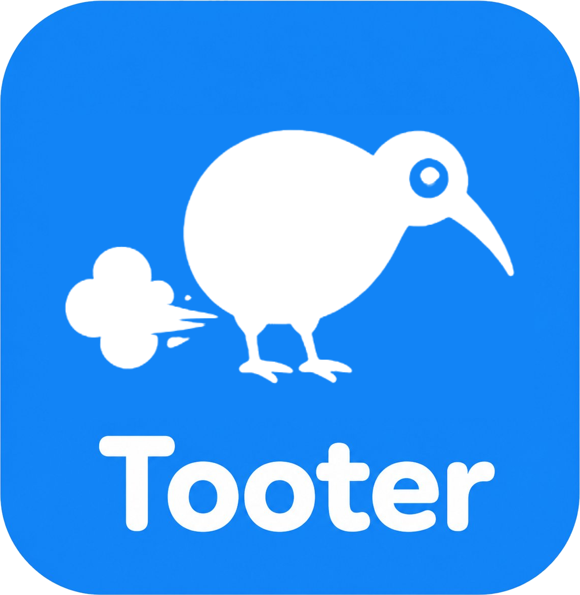 Tooter app icon — a white kiwi letting one rip, on a blue rounded square, above the wordmark Tooter