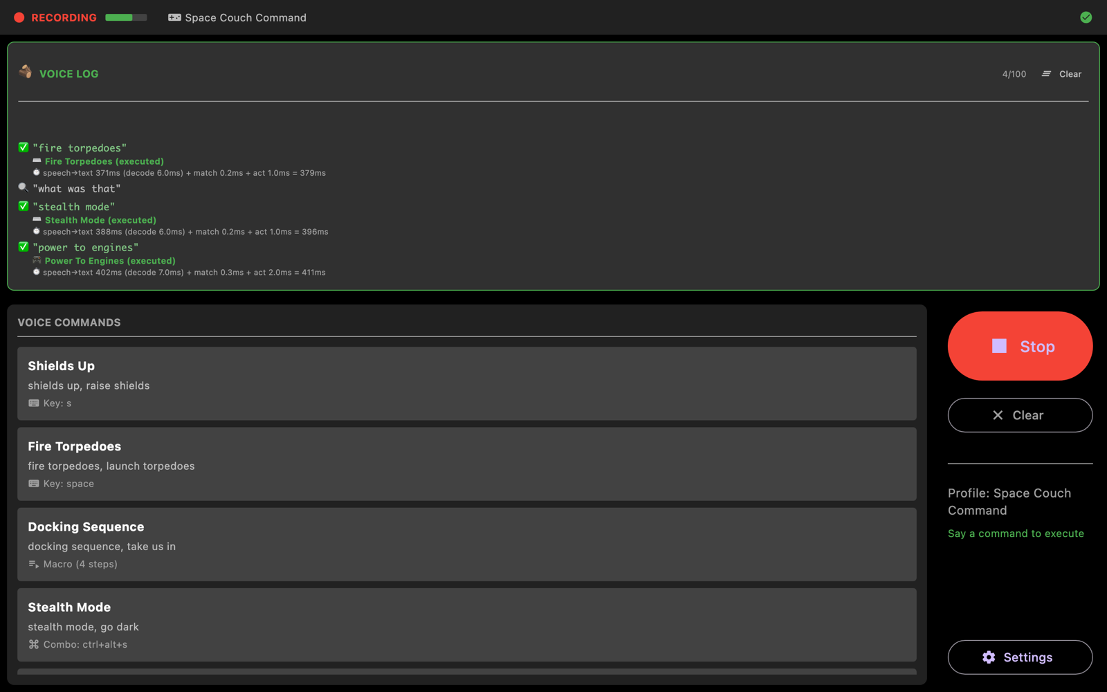 VoiceCmd listening, with a live voice log showing recognised phrases, the commands they matched, and a per-command latency breakdown.