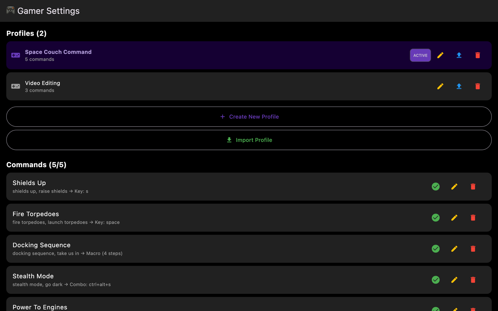 VoiceCmd settings, showing two command profiles and a list of voice commands with their trigger phrases and the actions they perform.